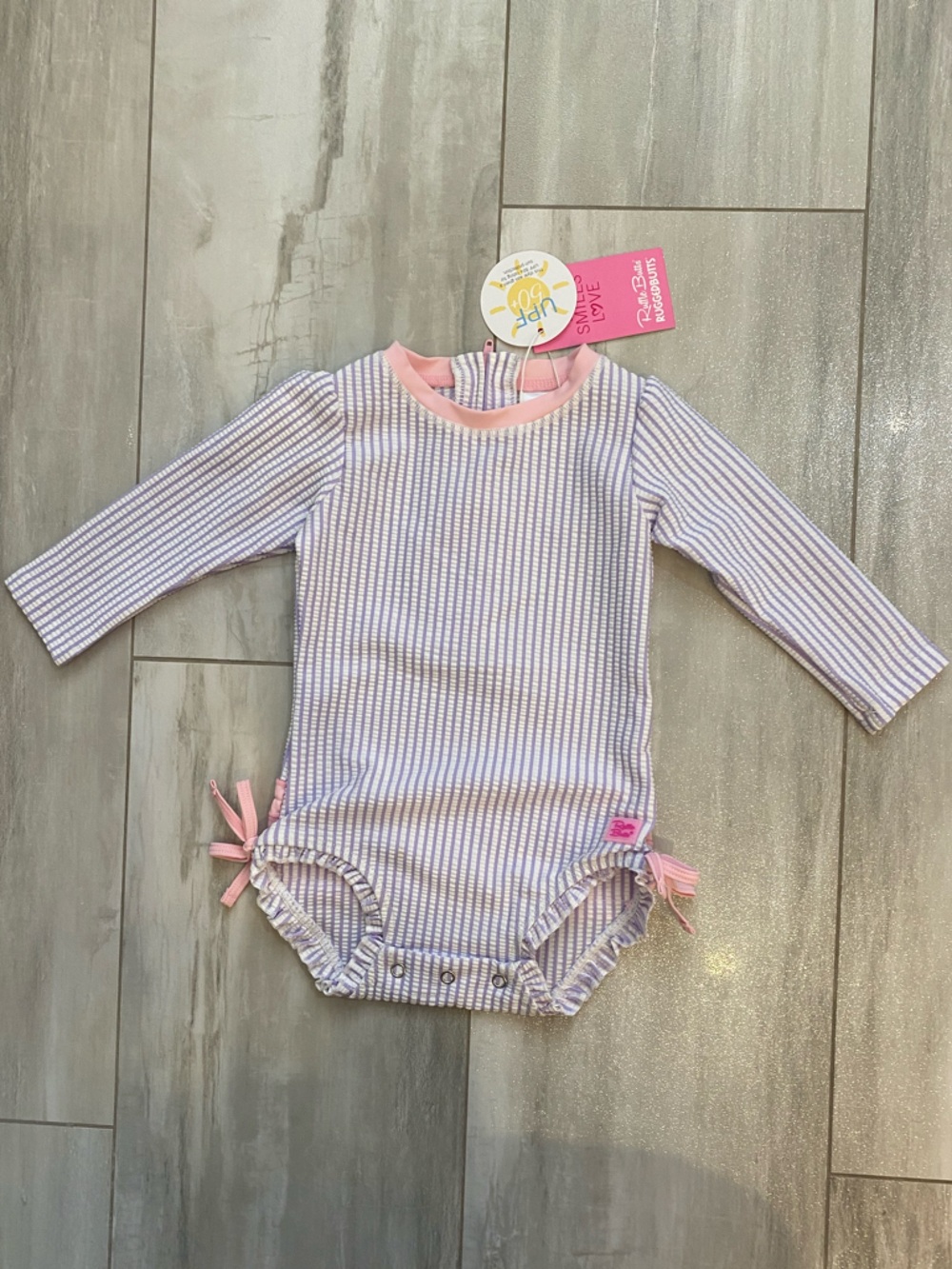 NWT RuffleButts Lavender Purple Seersucker Long Sleeve One Piece Swimsuit 12-18M